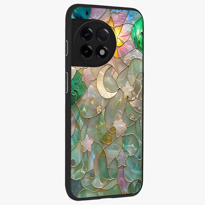 Stained Sunrise Glow Glass Case for 1+11R side perspective highlighting luminous textures and sleek premium build