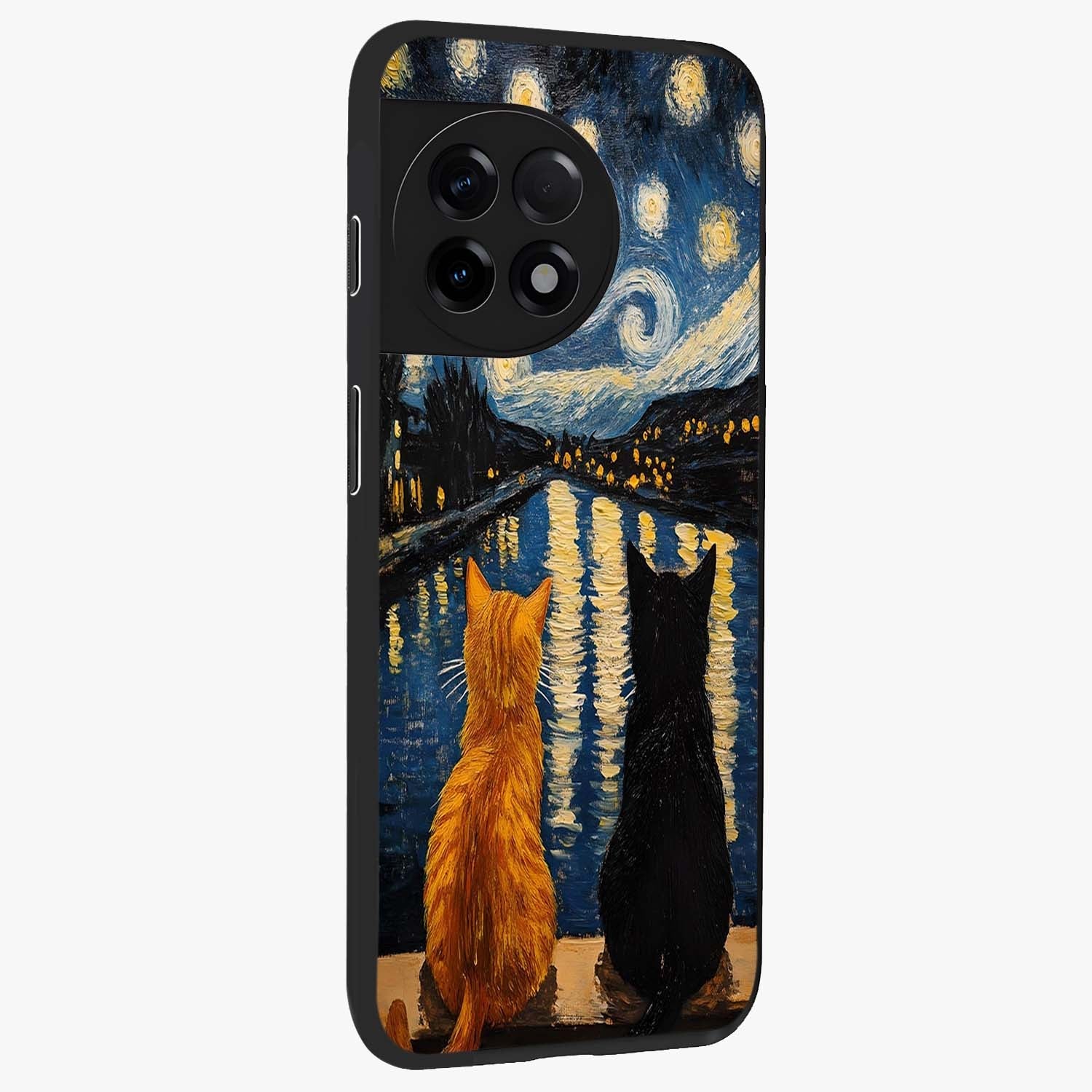 Starry River Cats Glass Case for 1+11R side perspective highlighting charming illustration textures and smooth build