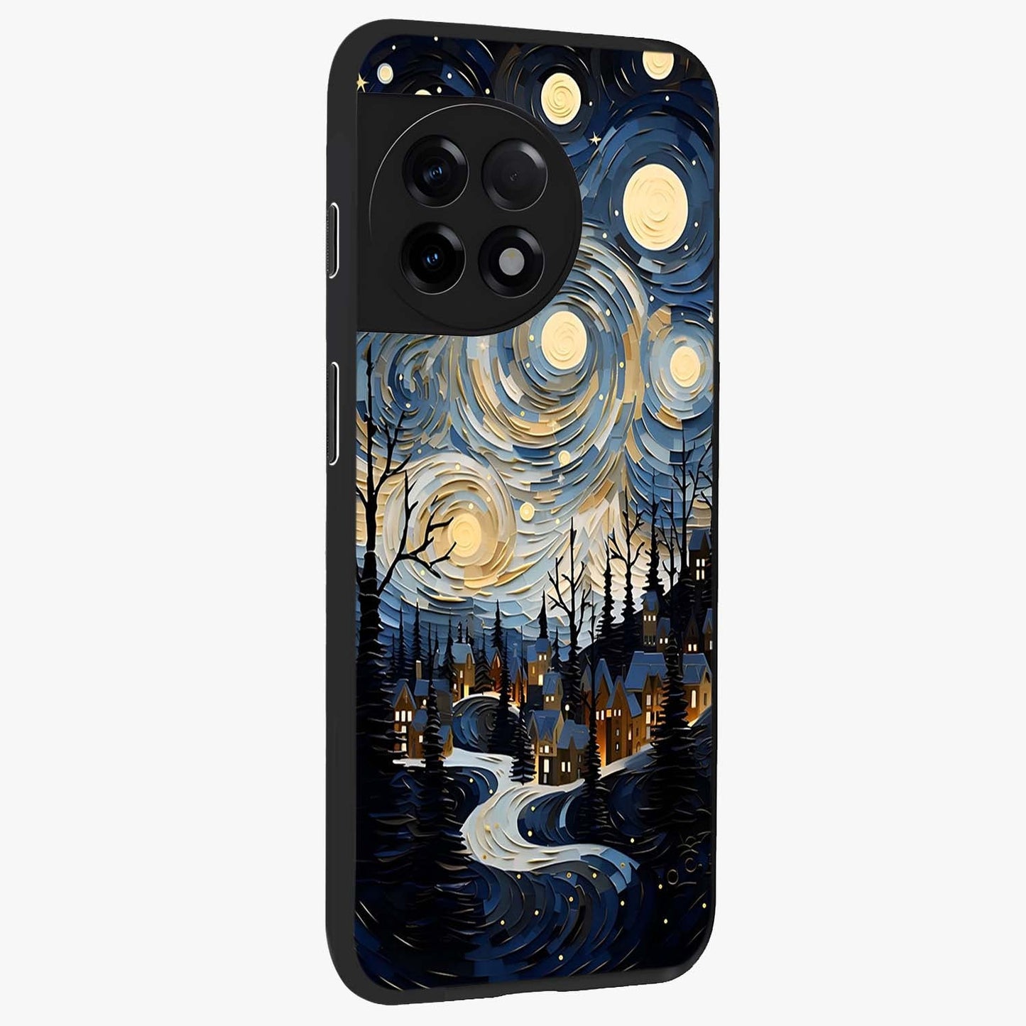Starry Winter Town Glass Case for 1+11R side perspective highlighting serene landscape textures and premium edges