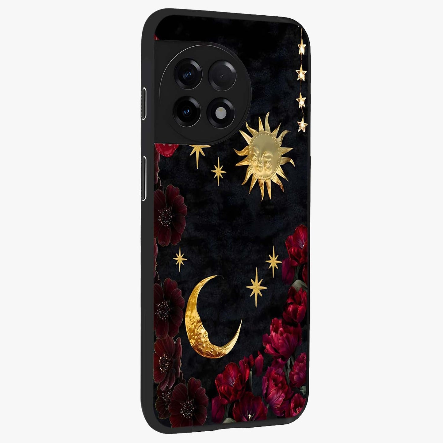 Sunflower Custom Name Glass Case for 1+11R side perspective highlighting custom typography and vibrant bloom textures