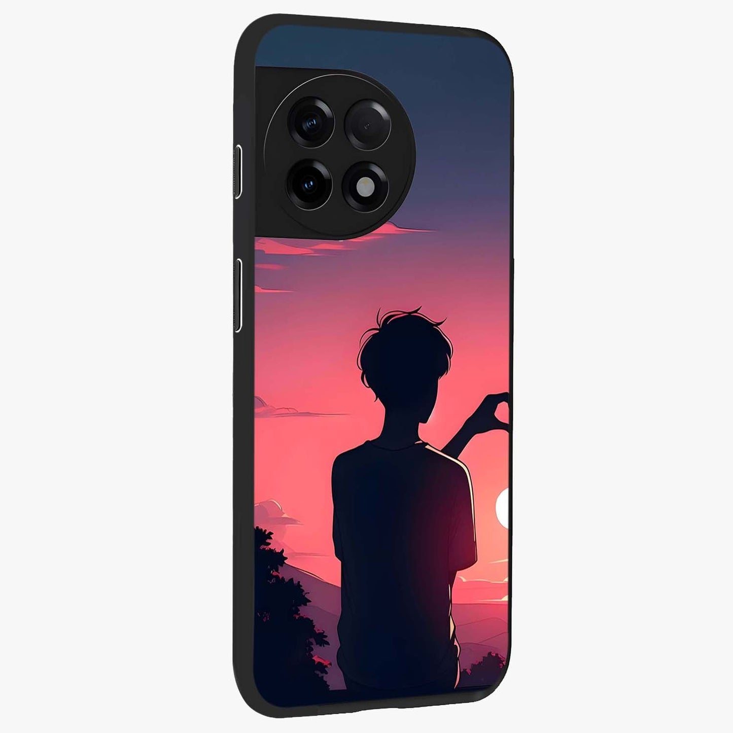 Sunset Silhouette Girl Glass Case for 1+11R side perspective highlighting soft scenic textures and sleek premium build
