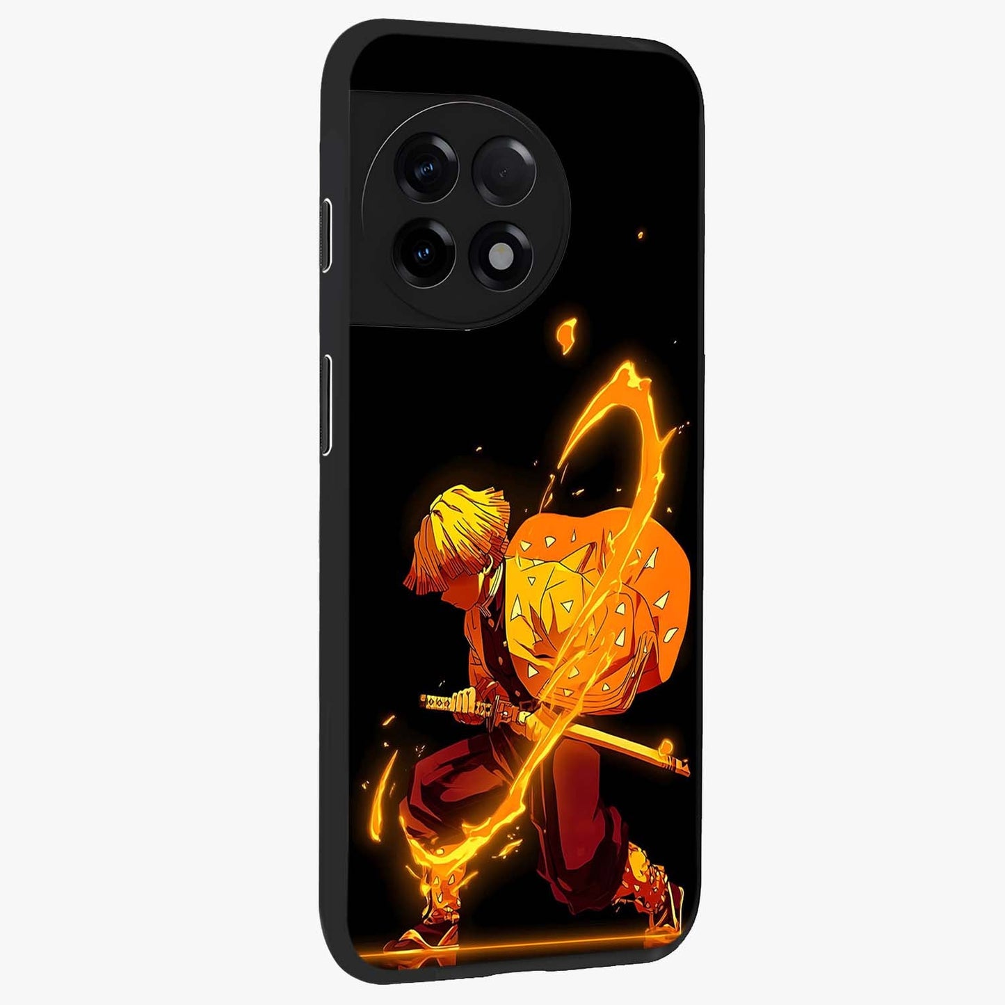 Thunder Flame Execution Glass Case for 1+11R side perspective highlighting fiery textures and premium edge finish