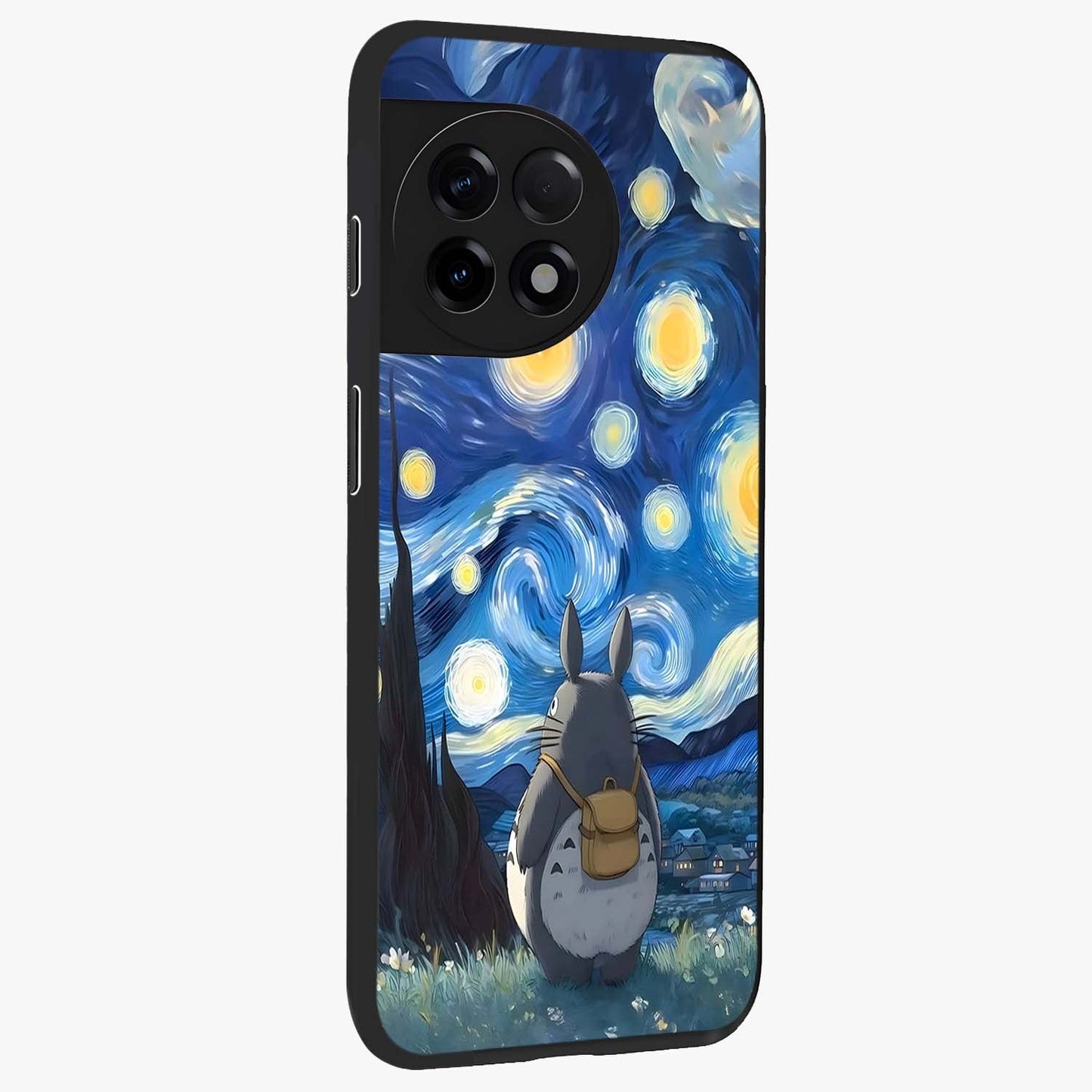 Totoro in Van Gogh Art Glass Case for 1+11R side perspective highlighting textured artistic patterns and premium edges