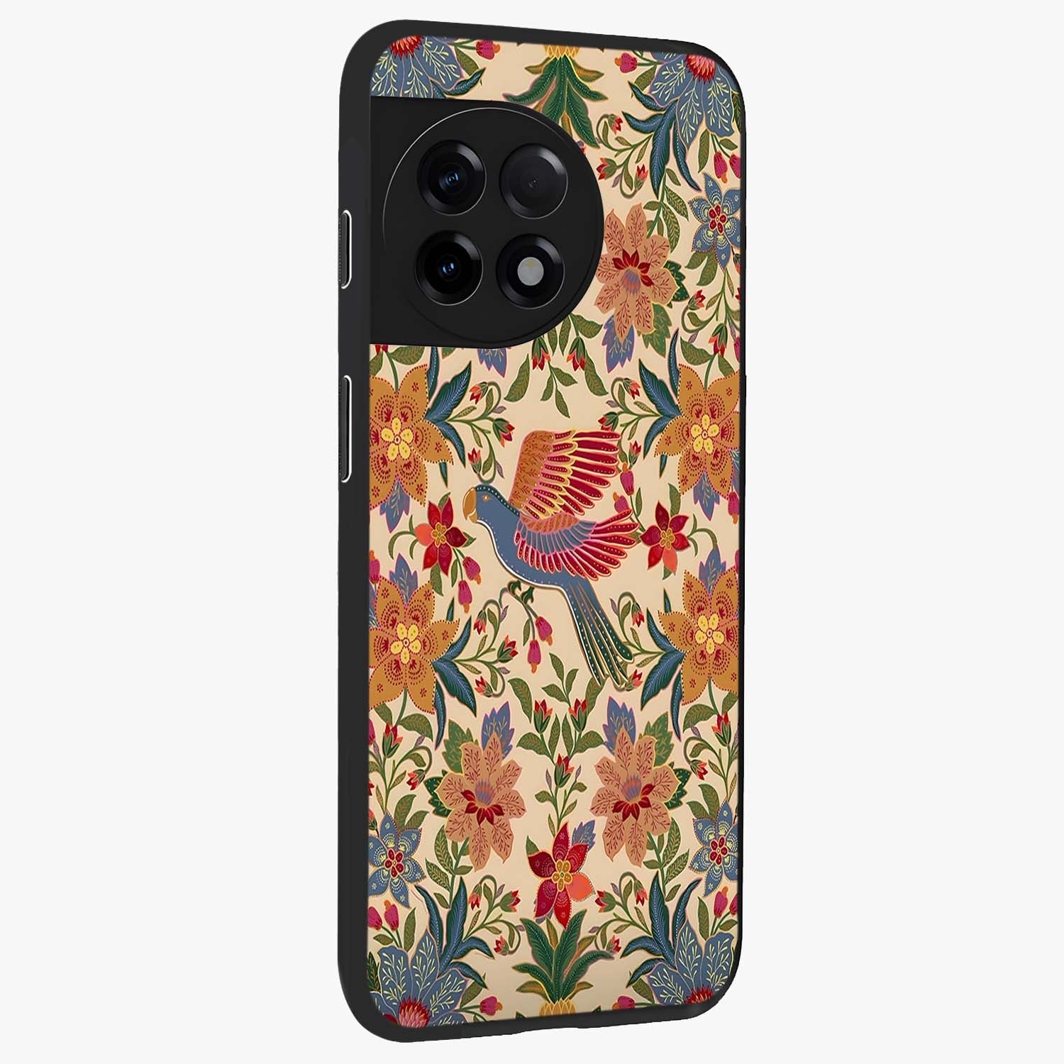 Tropical Folk Art Bird Glass Case for 1+11R side perspective highlighting detailed feather textures and premium edges