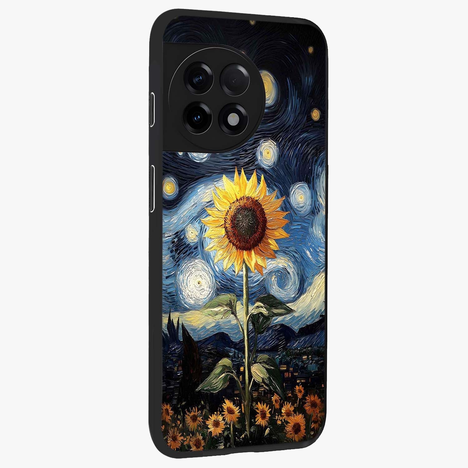 Van Gogh Sunflower Glass Case for 1+11R side perspective highlighting textured brushstroke details and premium edges
