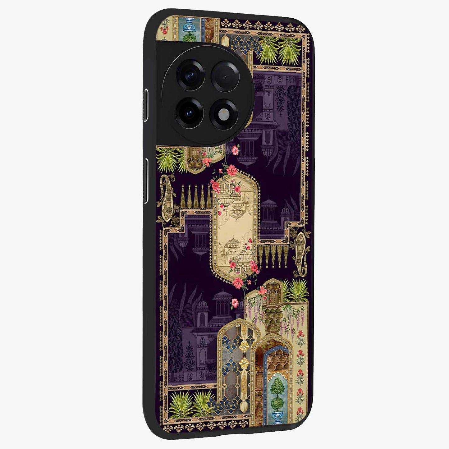 Velvet Mughal Art Glass Case for 1+11R side perspective highlighting ornate detailing and smooth premium build