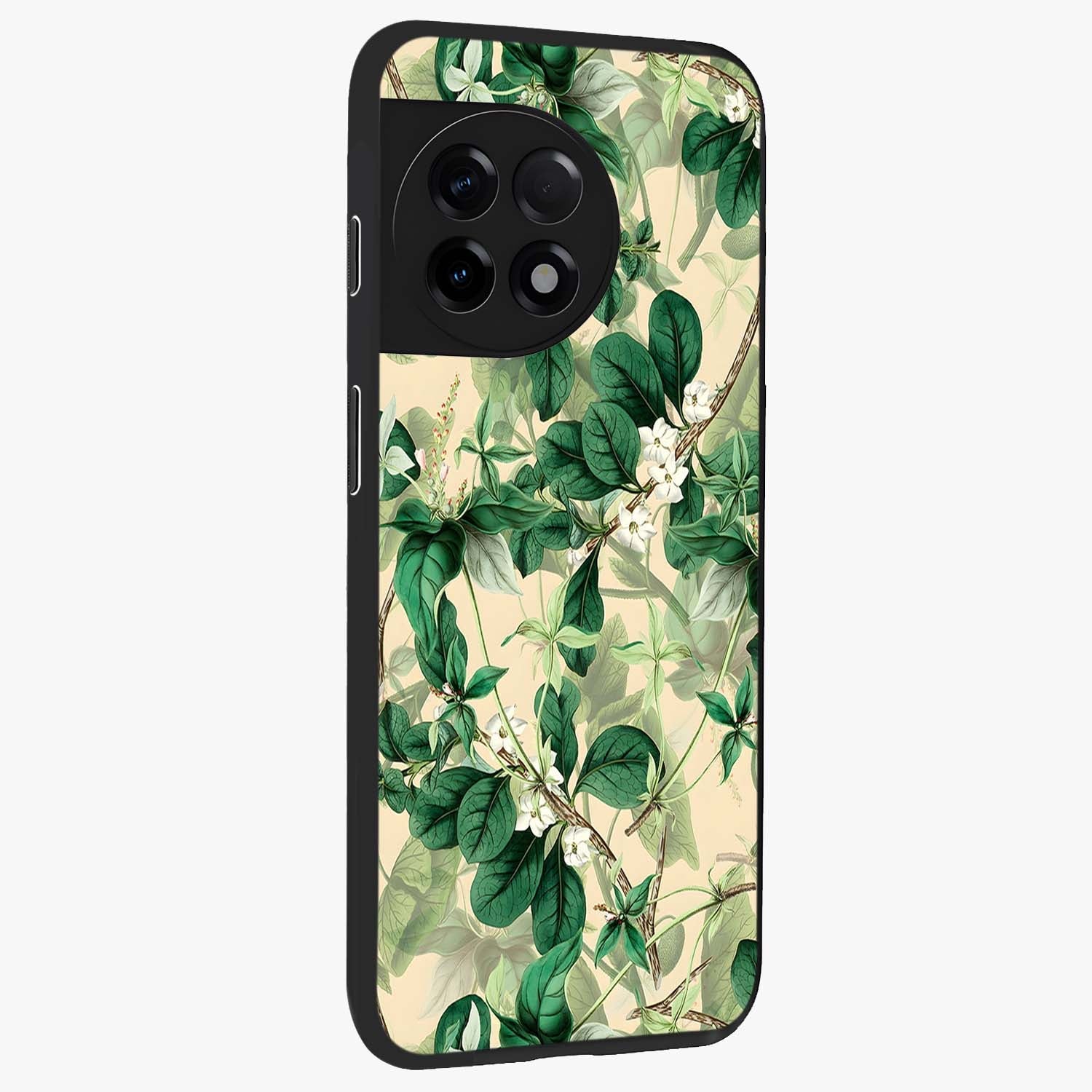 Verdant Garden Whispers Glass Case for 1+11R side perspective highlighting delicate leaf textures and premium edges