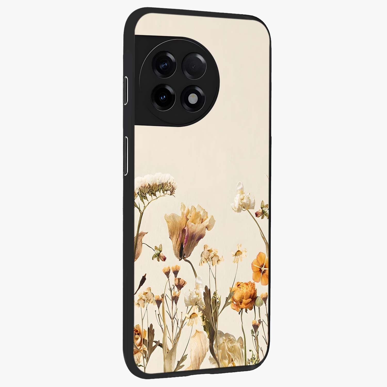 Vintage Petal Love With Custom Name Glass Case for 1+11R side perspective highlighting custom typography and delicate bloom textures