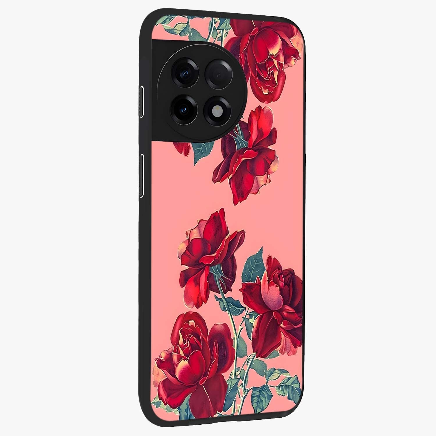 Vintage Rose Beauty Glass Case for 1+11R side perspective highlighting refined floral textures and smooth premium build