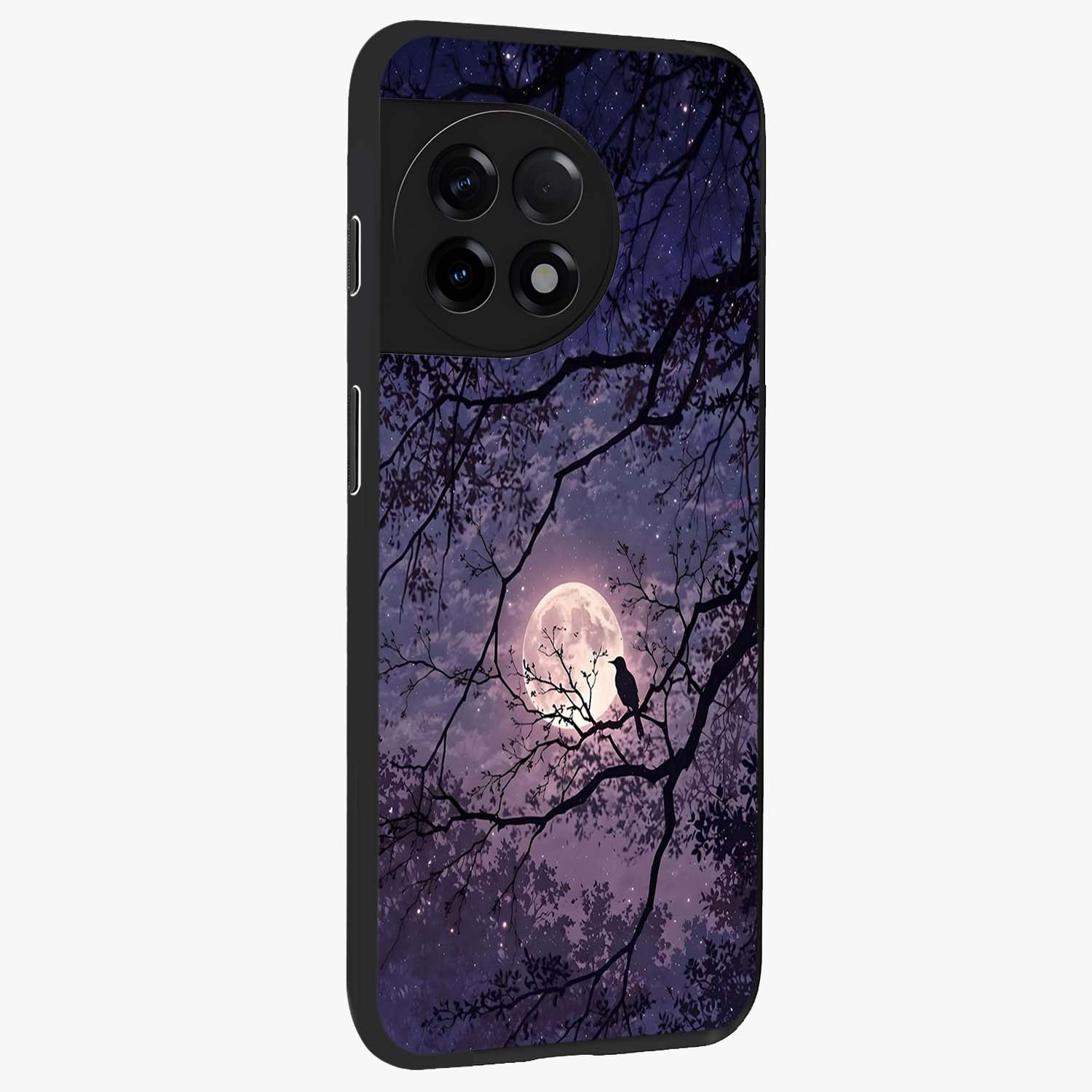 Whispering Moon Silence Glass Case for 1+11R side perspective highlighting smooth lunar textures and sleek premium build