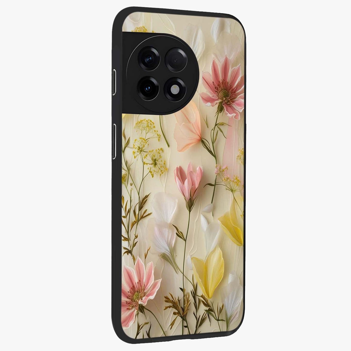 Whispering Petal Harmony Glass Case for 1+11R side perspective highlighting refined textures and premium edges