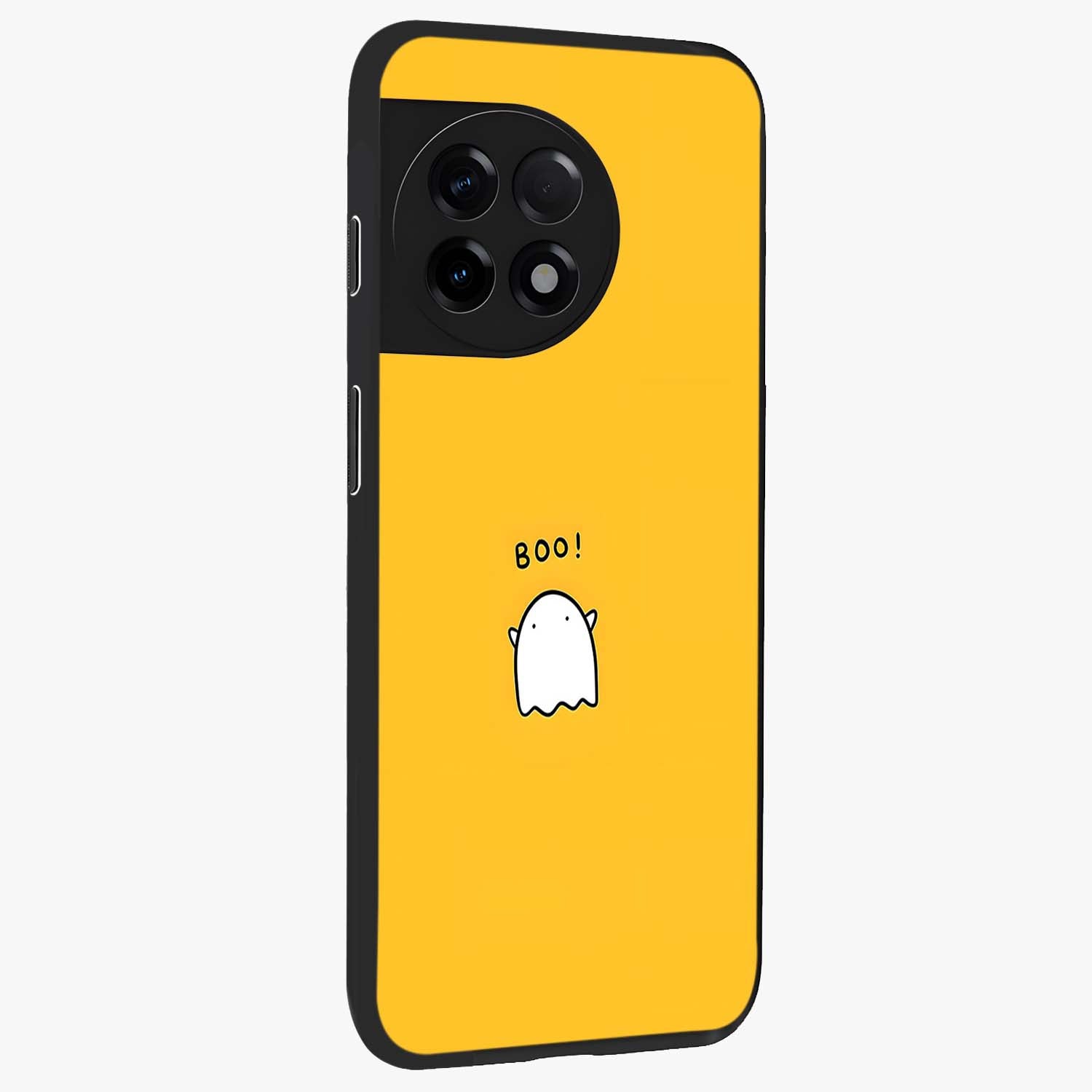 Yellow Boo Ghost Glass Case for 1+11R side perspective highlighting lively textures and premium edges