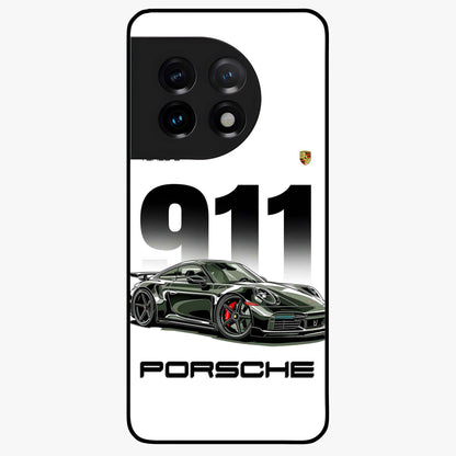 911 Turbo Dominance Glass Case for 1+11 bold front view featuring large 911 graphic and detailed green Porsche sports car artwork