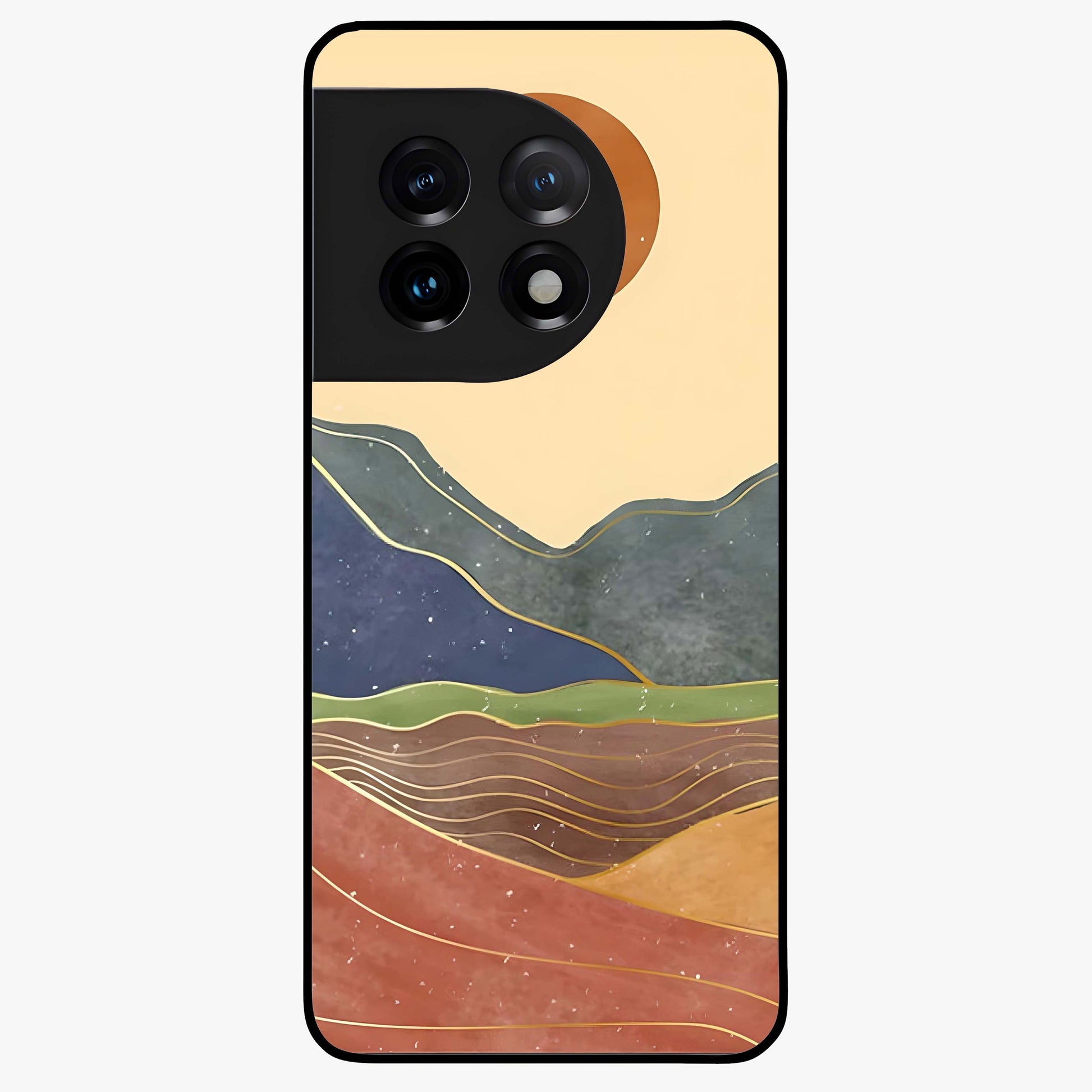 Abstract Mountain Glow Glass Case for 1+11 front view featuring glowing mountain landscape artwork