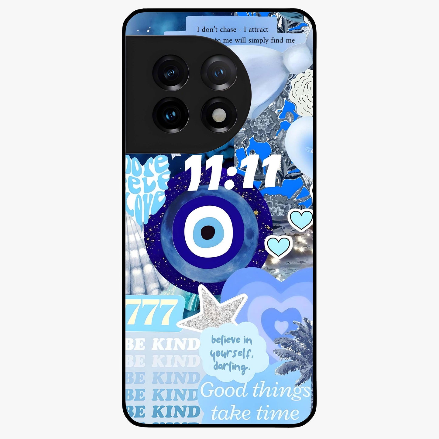 Aesthetic Be Kind Eye Glass Case for 1+11 front view featuring minimal eye illustration with positive message