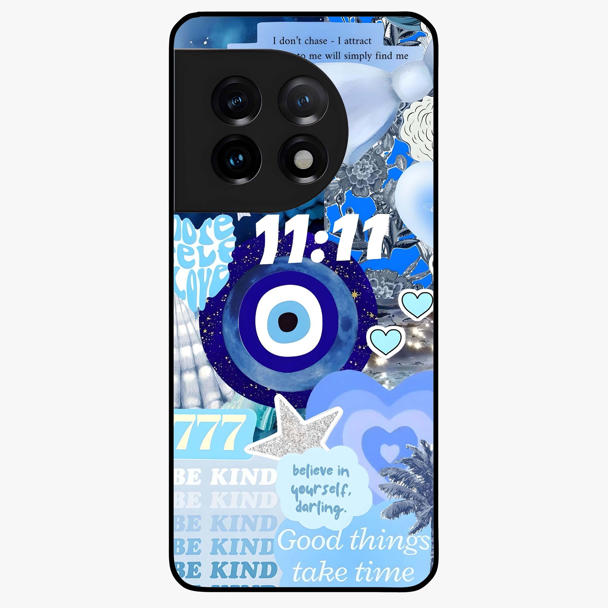Aesthetic Be Kind Eye Glass Case for 1+11 front view featuring minimal eye illustration with positive message