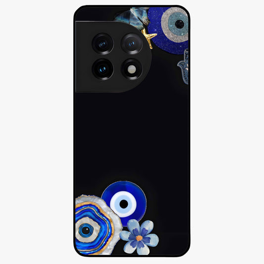 Aesthetic Blue Evil Eye Glass Case for 1+11 front view featuring vibrant traditional evil eye artwork