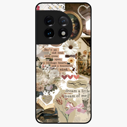 Aesthetic Brown Vintage Collage Glass Case for 1+11 front view featuring retro collage artwork in earthy tones