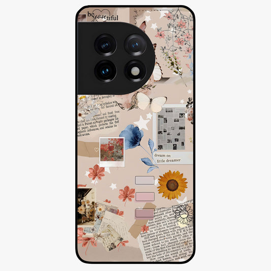 Aesthetic Butterfly Glass Case for 1+11 front view featuring elegant butterfly artwork with soft aesthetic tones