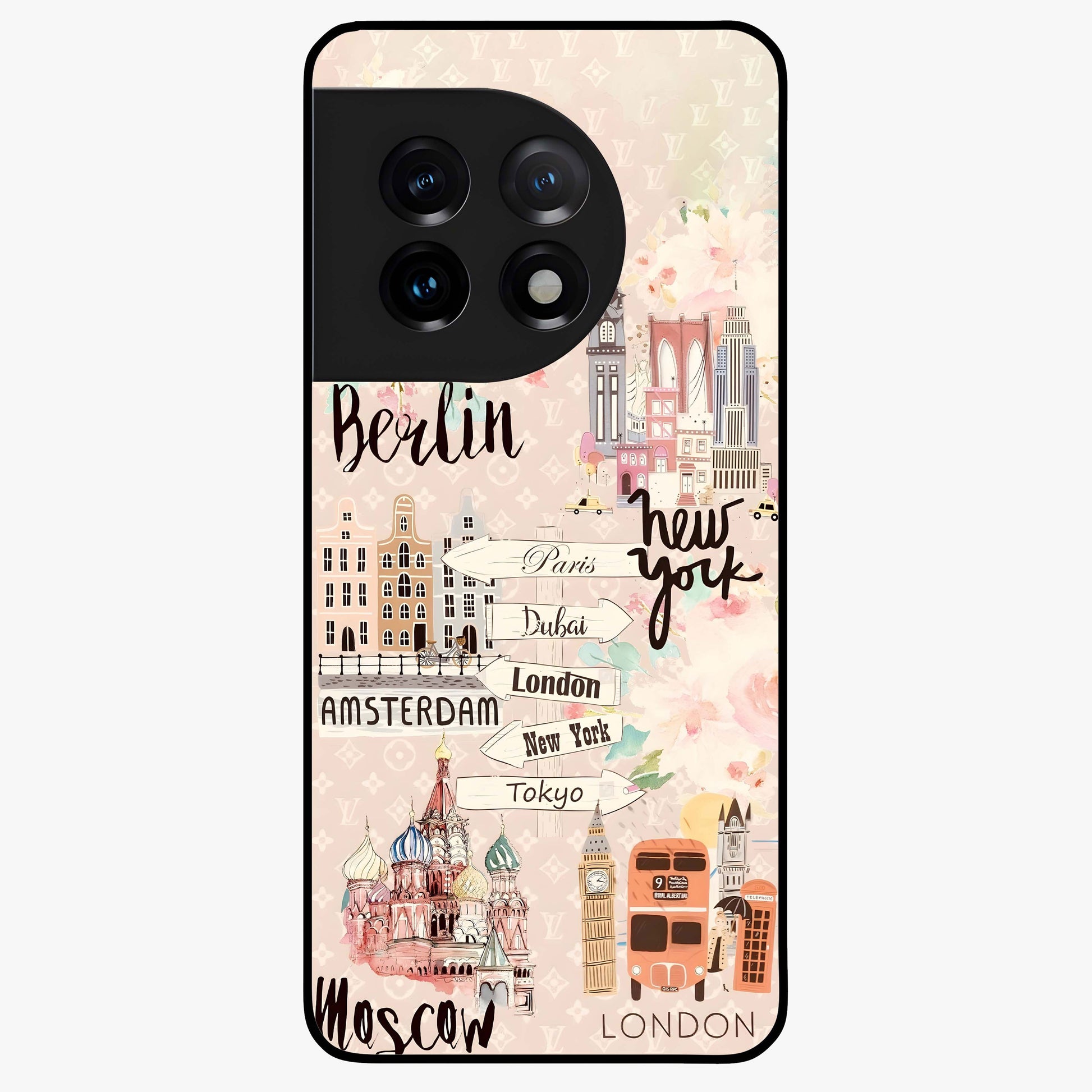 Aesthetic Travel Glass Case for 1+11 front view featuring wanderlust inspired travel artwork
