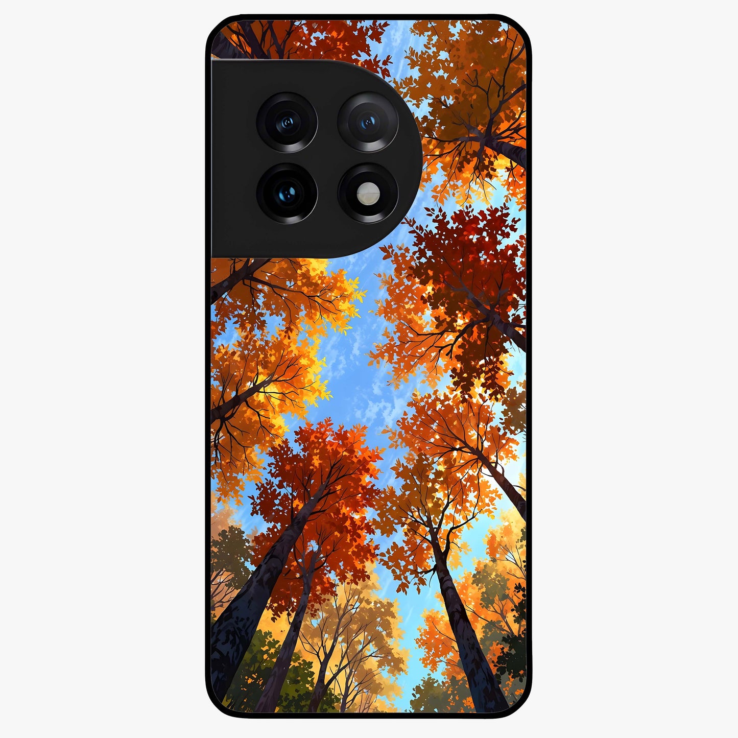 Amber Canopy Glow Glass Case for 1+11 warm front view featuring glowing forest canopy artwork