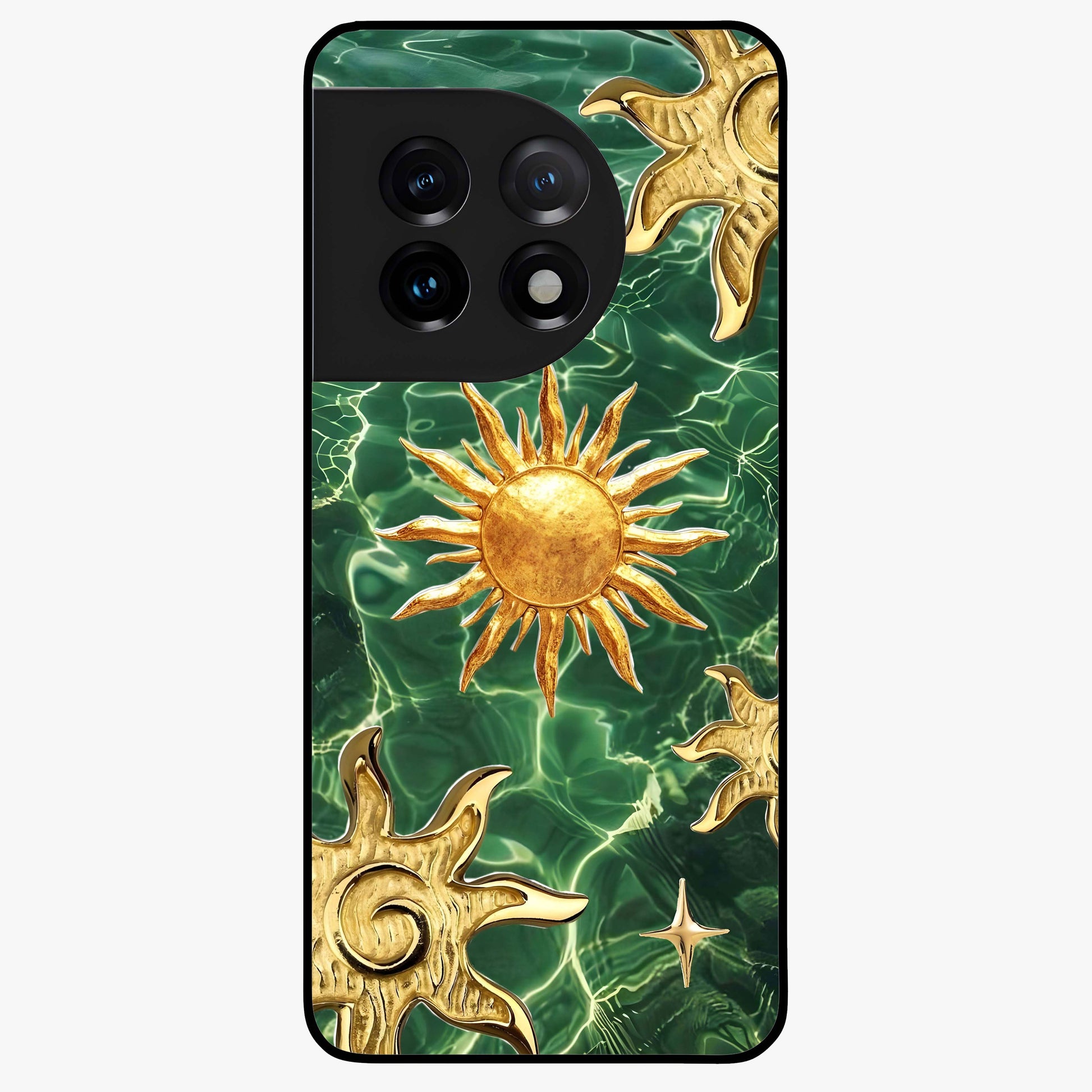Aqua Sun Mirage Glass Case for 1+11 vibrant front view featuring aqua blue sun inspired artwork