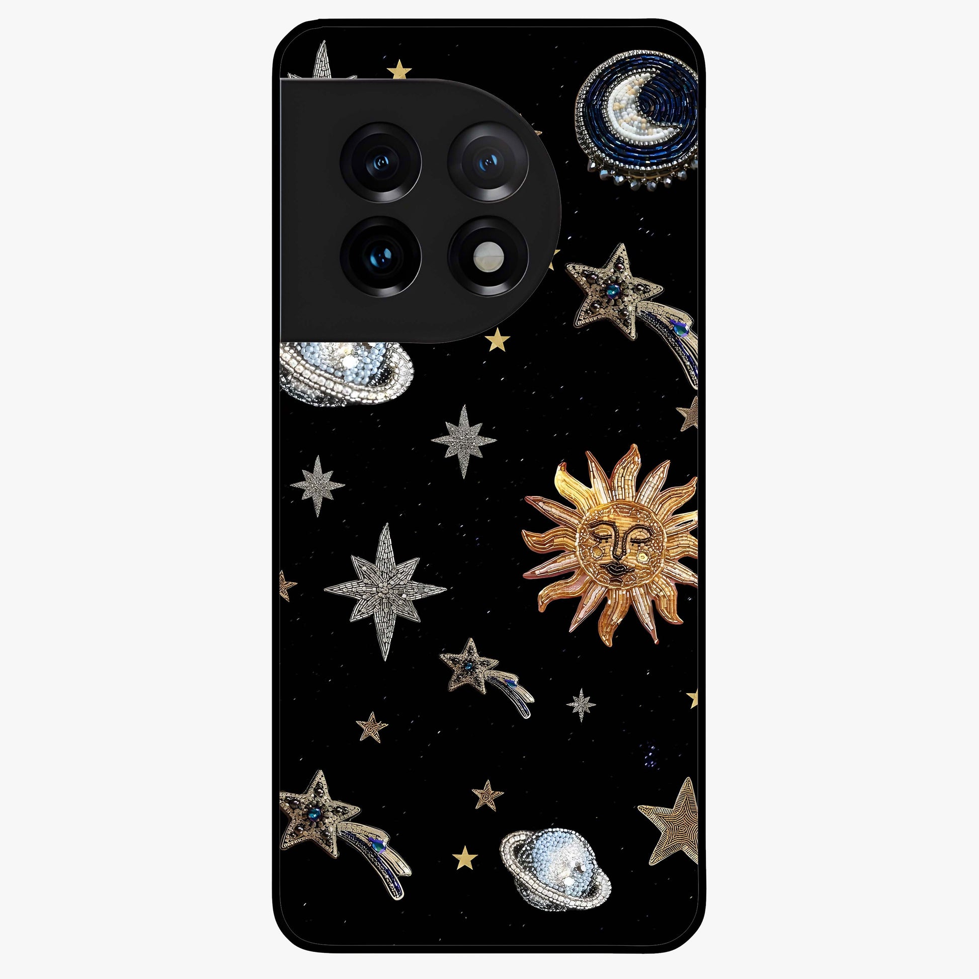 Beaded Cosmic Dreams Glass Case for 1+11 front view featuring celestial bead inspired cosmic artwork