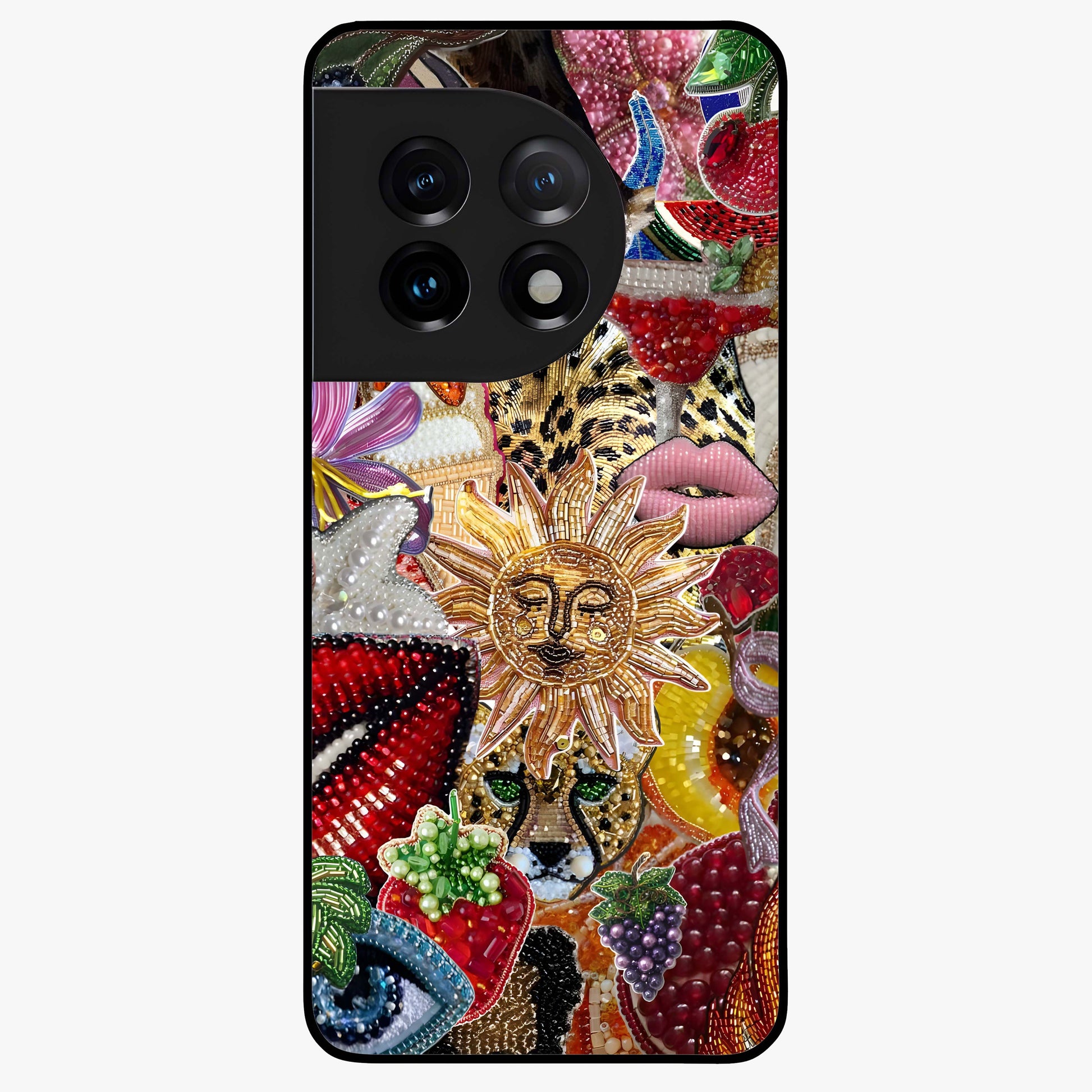 Beaded Fashion Jungle Glass Case for 1+11 bold front view featuring beaded jungle themed artwork
