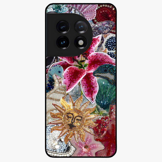 Beaded Garden Fantasy Glass Case for 1+11 front view featuring colorful beaded floral garden artwork