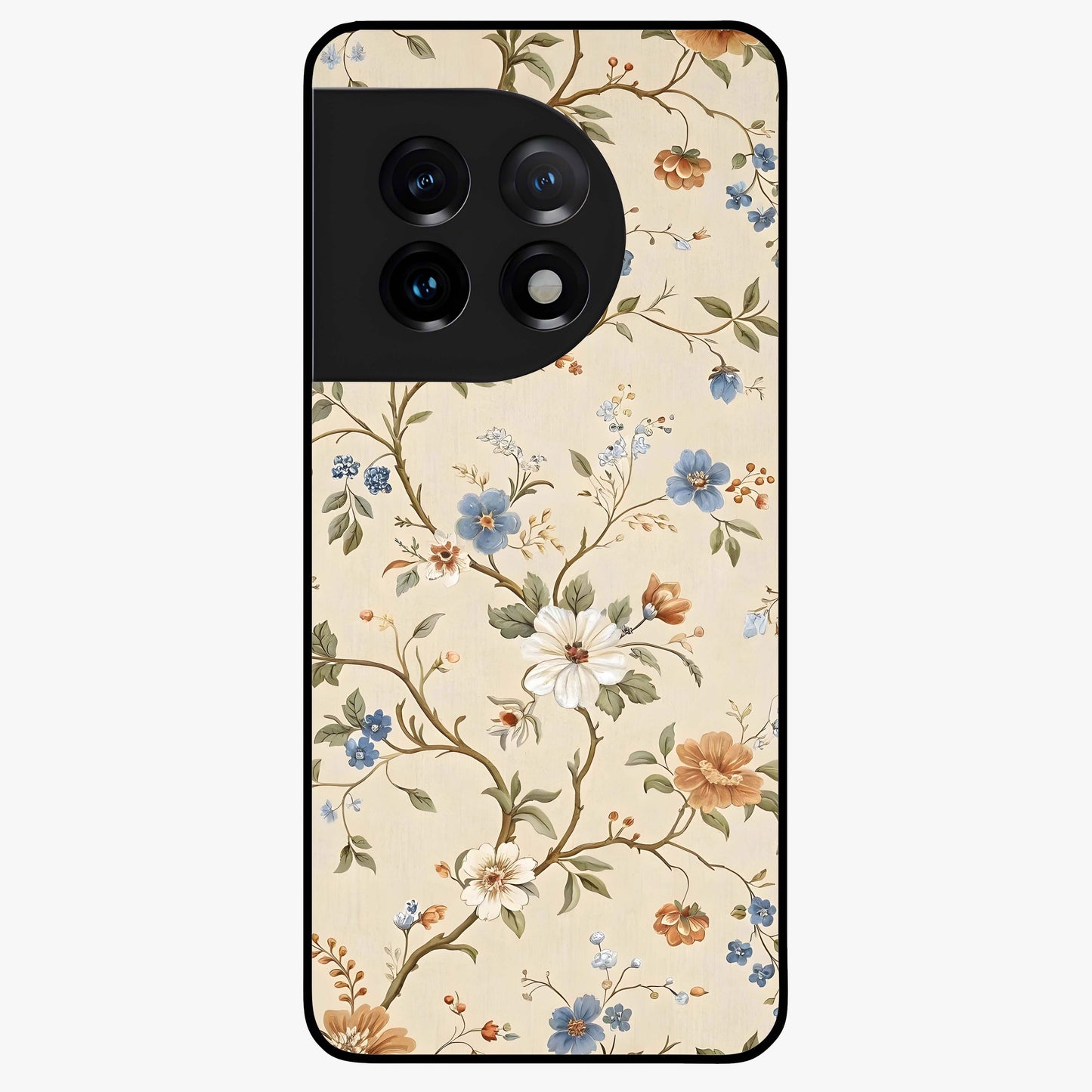 Beige Vintage Flower Glass Case for 1+11 soft front view featuring classic beige floral artwork