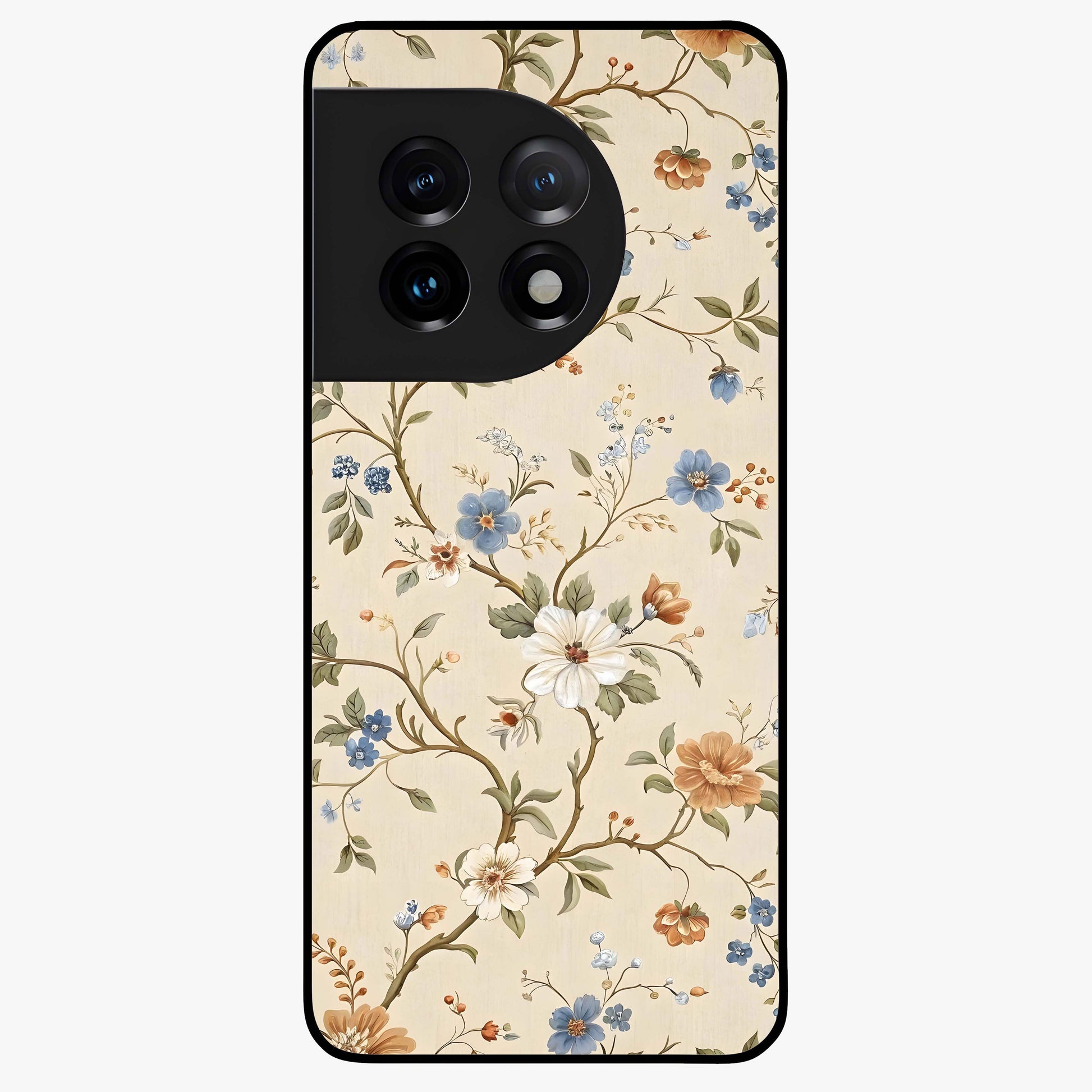 Beige Vintage Flower Glass Case for 1+11 soft front view featuring classic beige floral artwork