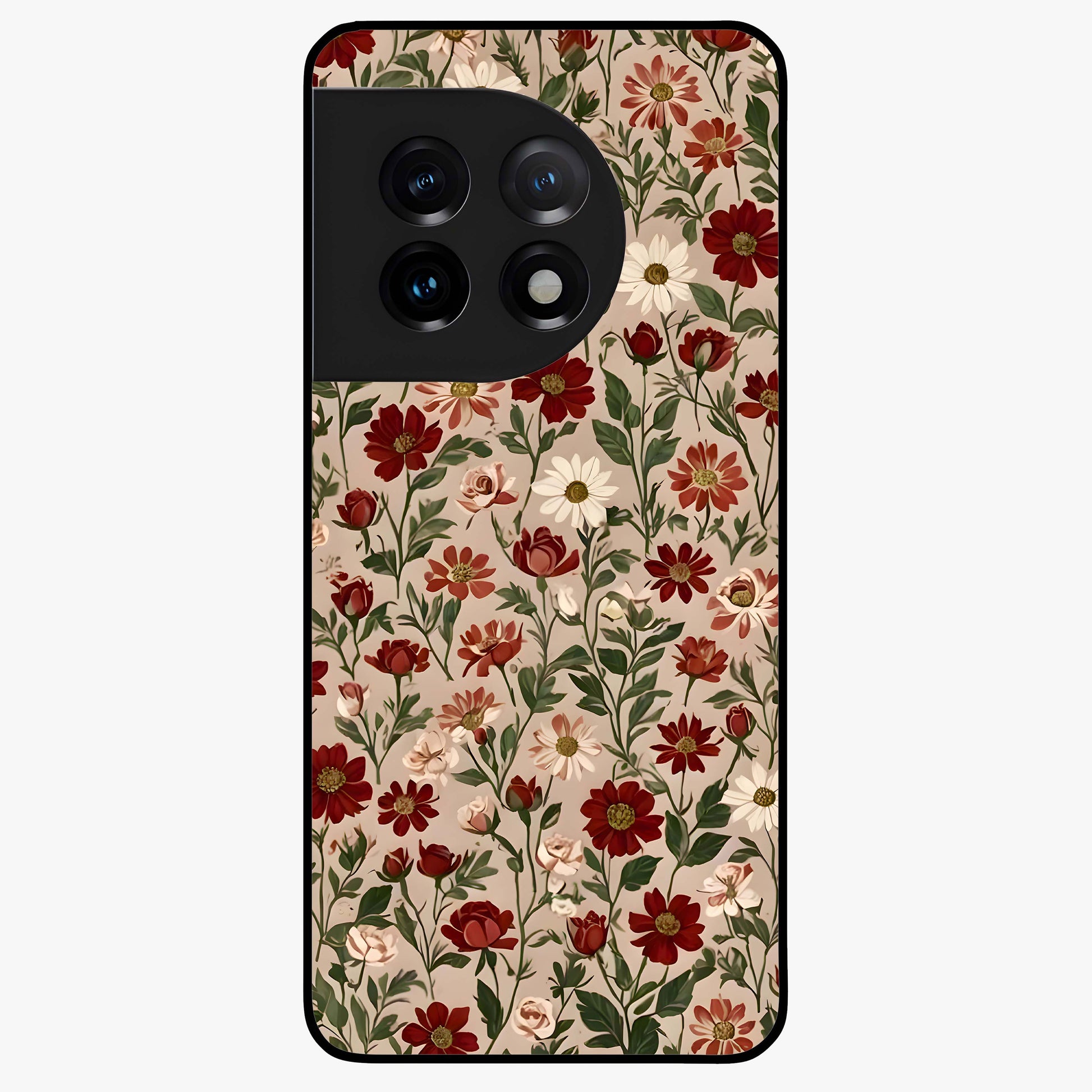 Biege Flower With Leaf Glass Case for 1+11 front view featuring soft beige floral artwork with leaf detailing