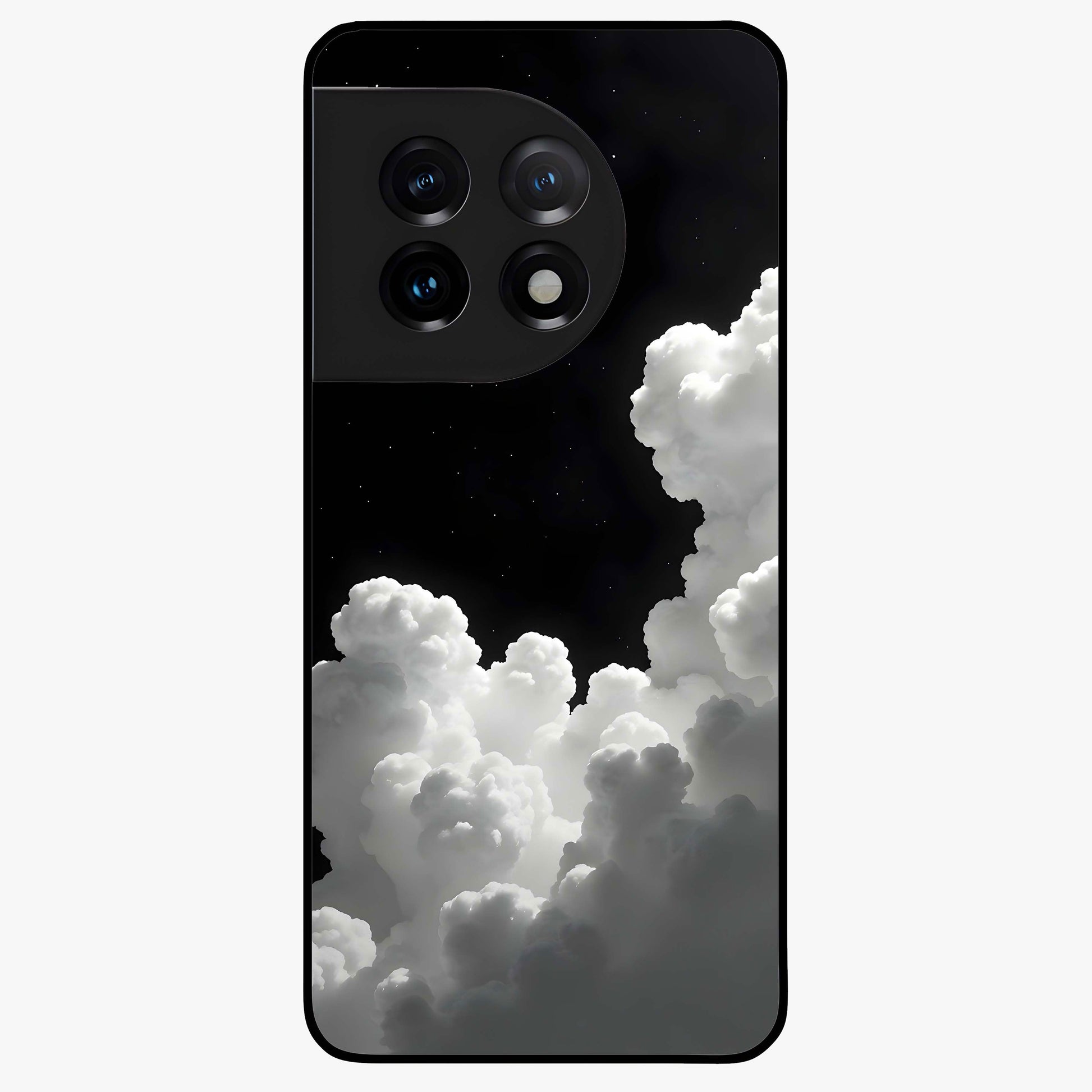 Black Background With White Cloud Glass Case for 1+11 striking front view featuring white cloud artwork on deep black backdrop