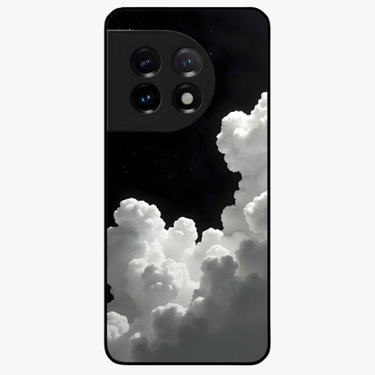 Black Background With White Cloud Glass Case for 1+11 striking front view featuring white cloud artwork on deep black backdrop