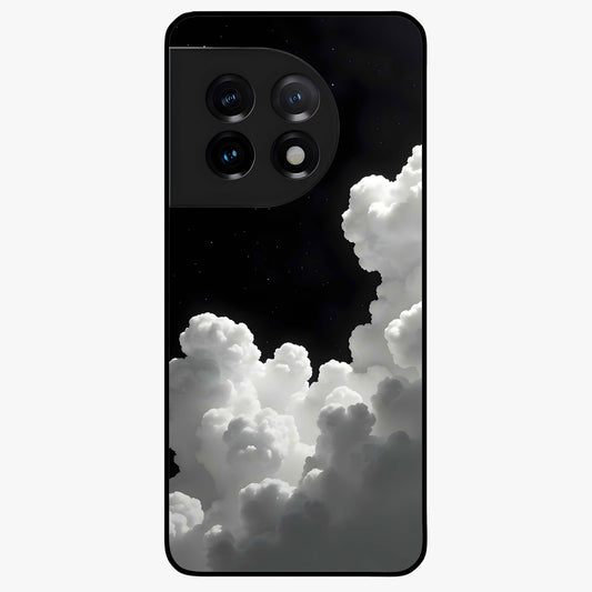 Black Background With White Cloud Glass Case for 1+11 striking front view featuring white cloud artwork on deep black backdrop