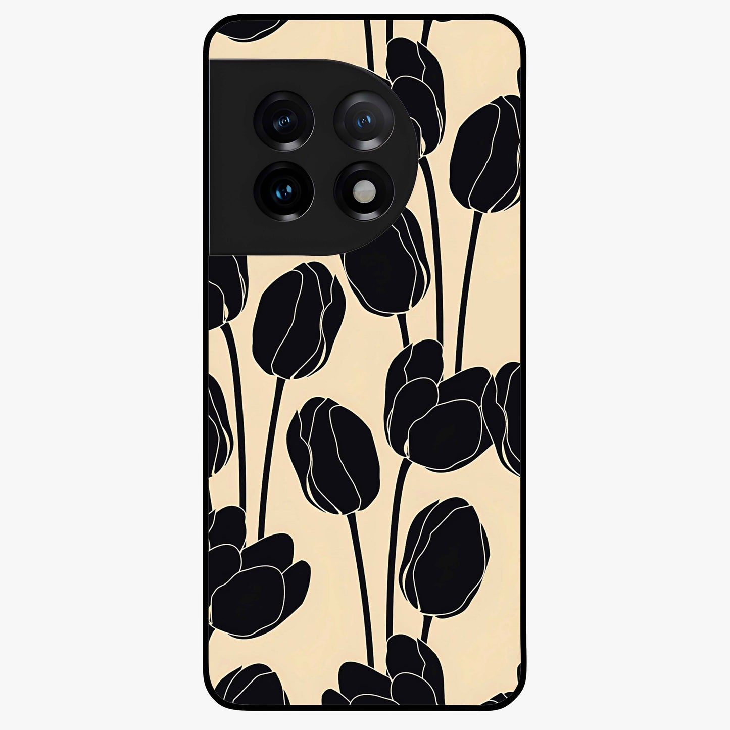 Black Designer Tulip Glass Case for 1+11 elegant front view featuring refined tulip artwork on black background