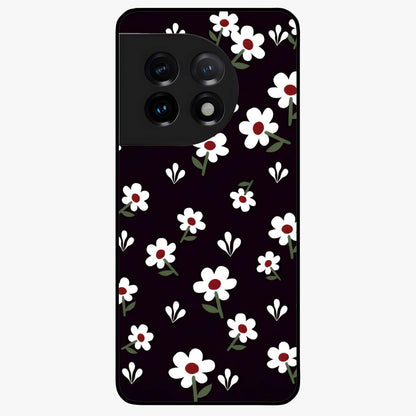 Black Prints Daisy Flower Pattern Glass Case for 1+11 front view featuring white daisy floral artwork on black base
