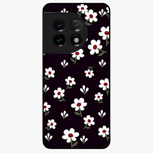 Black Prints Daisy Flower Pattern Glass Case for 1+11 front view featuring white daisy floral artwork on black base