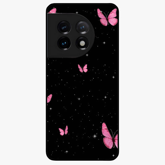 Blinking Butterfly Glass Case for 1+11 showing full back design in clean flat view with delicate butterfly artwork and glossy glass finish.