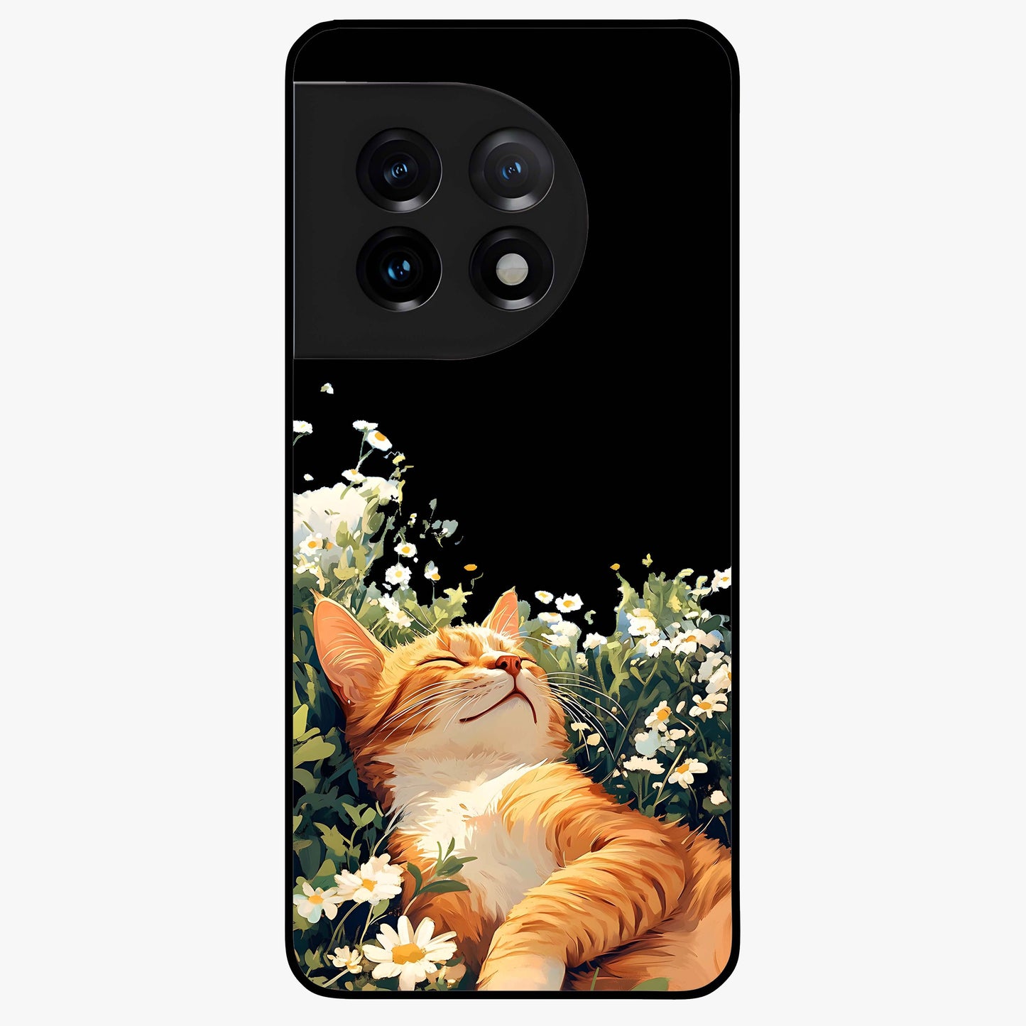 Blissful Bloom Cat Glass Case for 1+11 charming front view featuring floral cat artwork with soft aesthetic tones