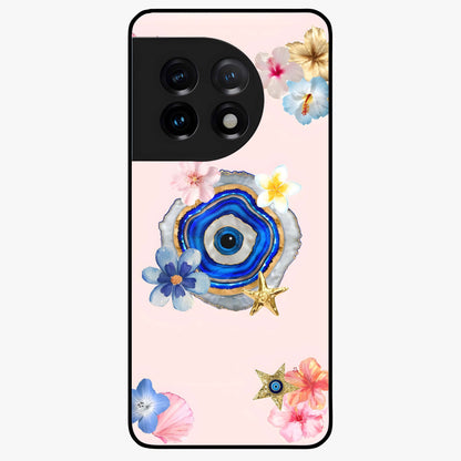 Blossom Evil Charm Glass Case for 1+11 elegant front view featuring floral evil eye inspired artwork