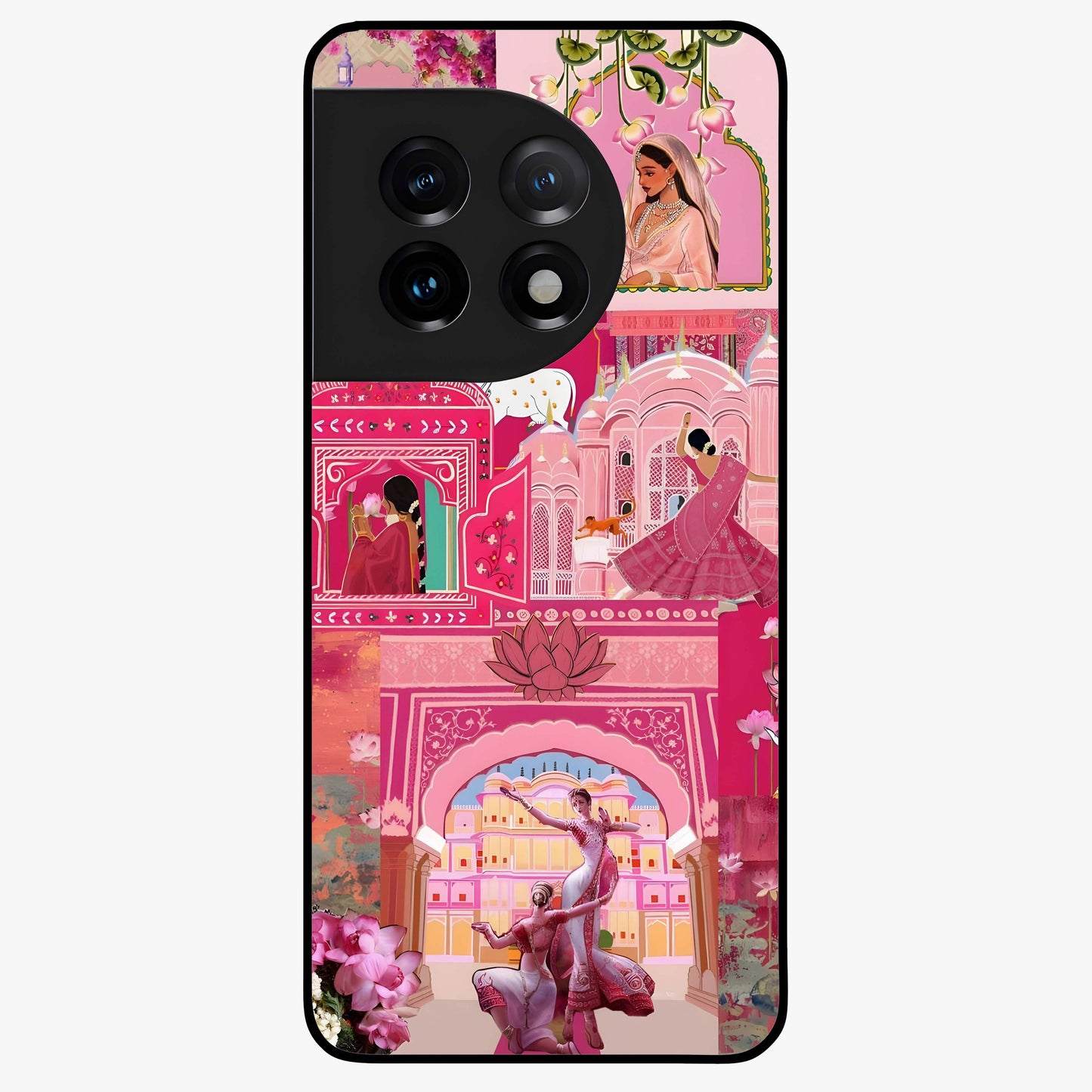 Blossoms of Rajasthan Glass Case for 1+11 vibrant front view featuring traditional Rajasthani floral artwork