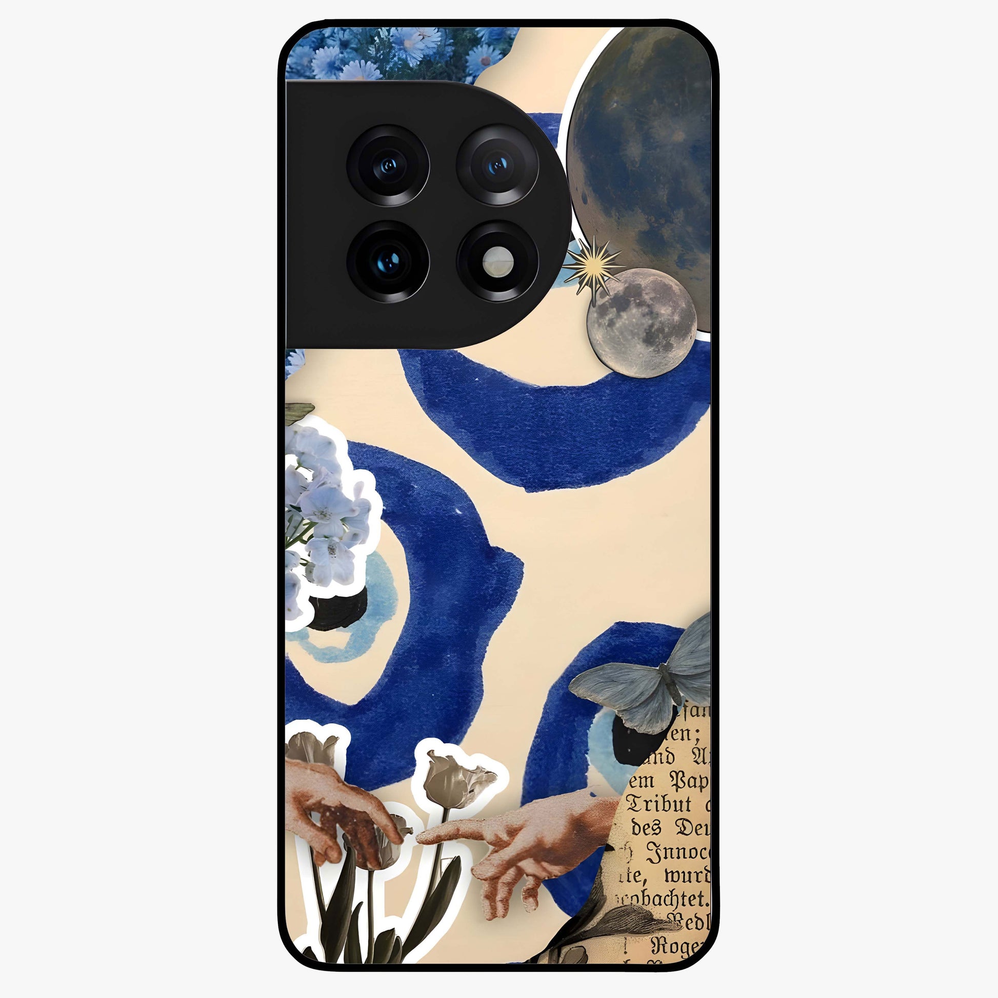 Blue Evil Divine Glass Case for 1+11 bold front view featuring vibrant evil eye artwork with divine aesthetic tones