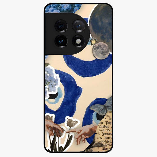 Blue Evil Divine Glass Case for 1+11 bold front view featuring vibrant evil eye artwork with divine aesthetic tones