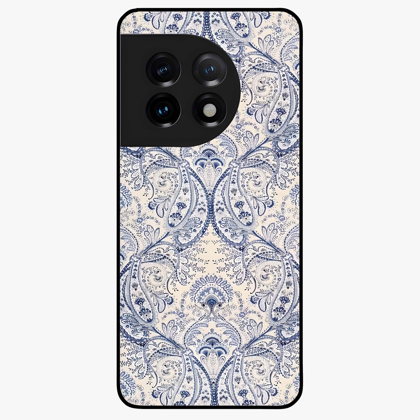 Blue Paisley Bloom Glass Case for 1+11 intricate front view featuring paisley floral artwork in rich blue tones