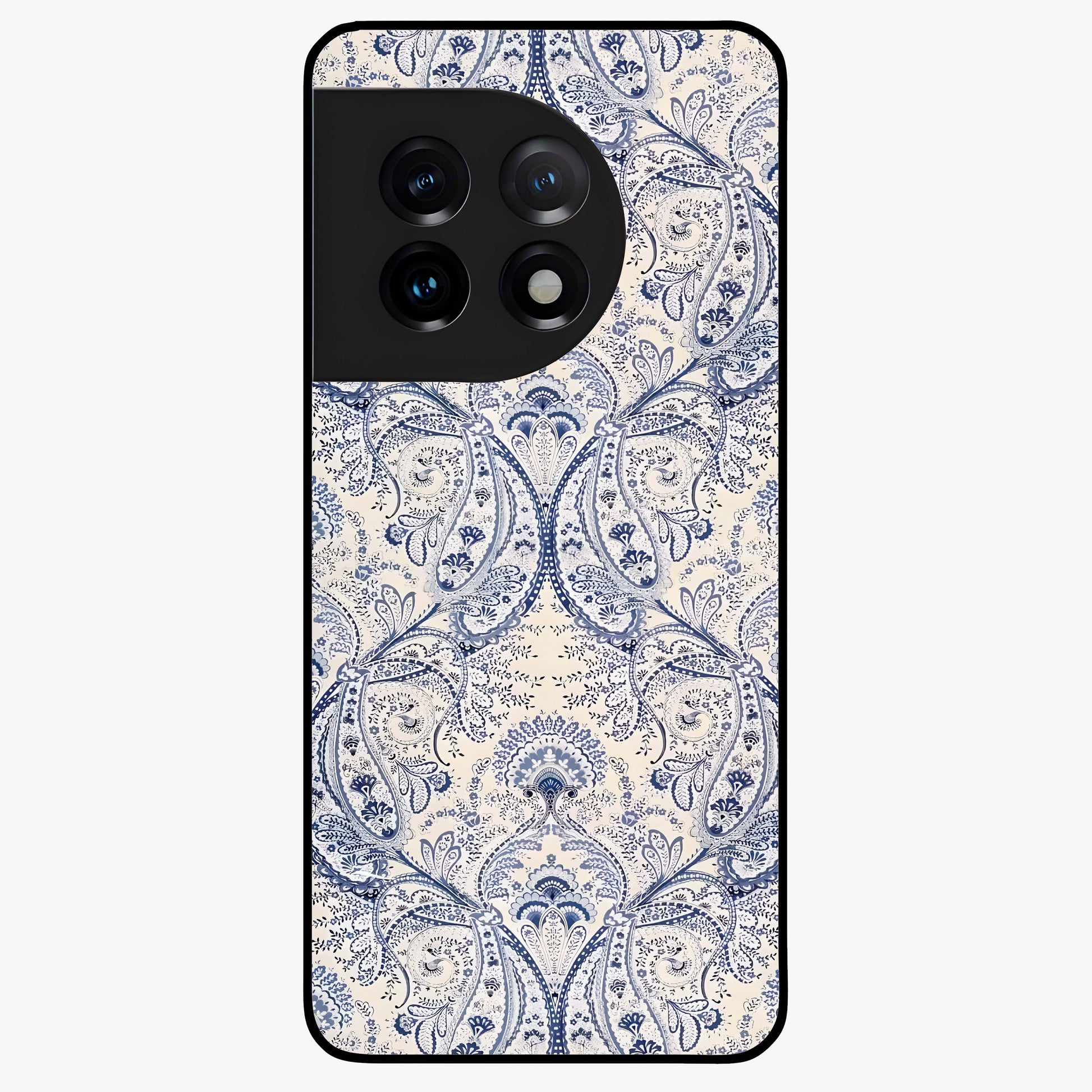 Blue Paisley Bloom Glass Case for 1+11 intricate front view featuring paisley floral artwork in rich blue tones