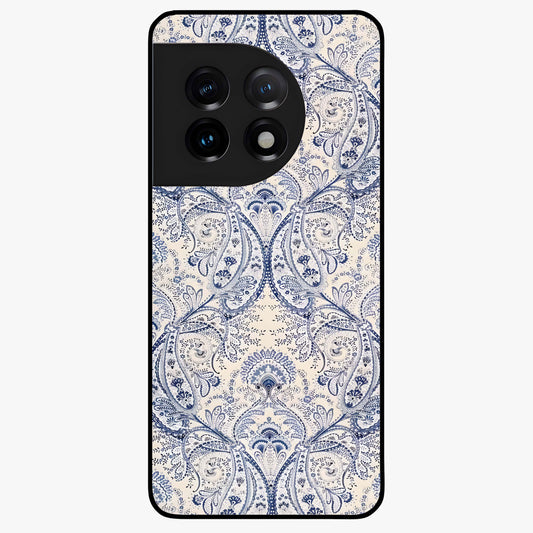 Blue Paisley Bloom Glass Case for 1+11 intricate front view featuring paisley floral artwork in rich blue tones