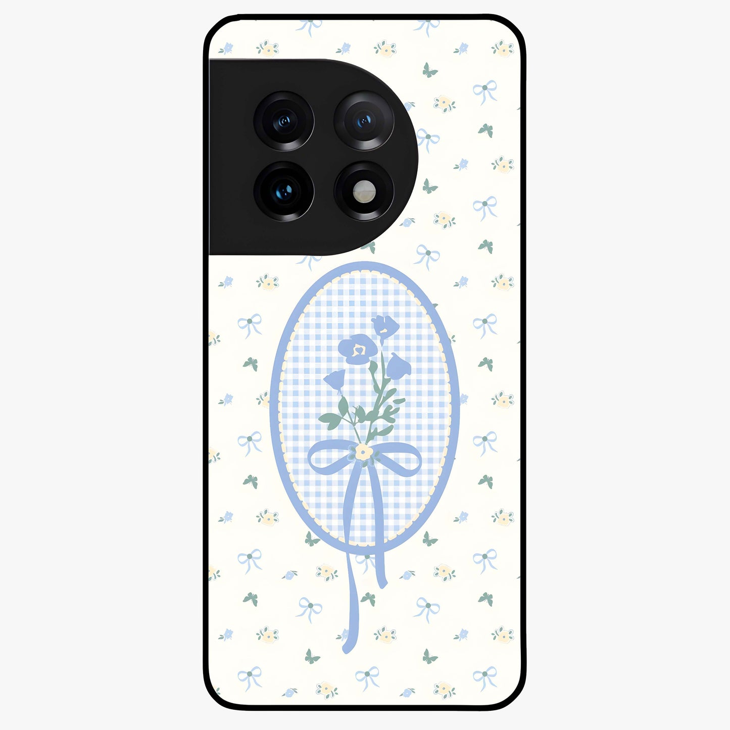 Blue Ribbon Bloom Glass Case for 1+11 elegant front view featuring soft floral artwork with ribbon accents