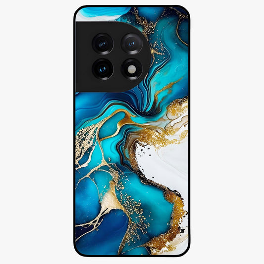 Blue and White Marble With Golden Viens Art Glass Case for 1+11 luxurious front view featuring marble texture with golden vein detailing