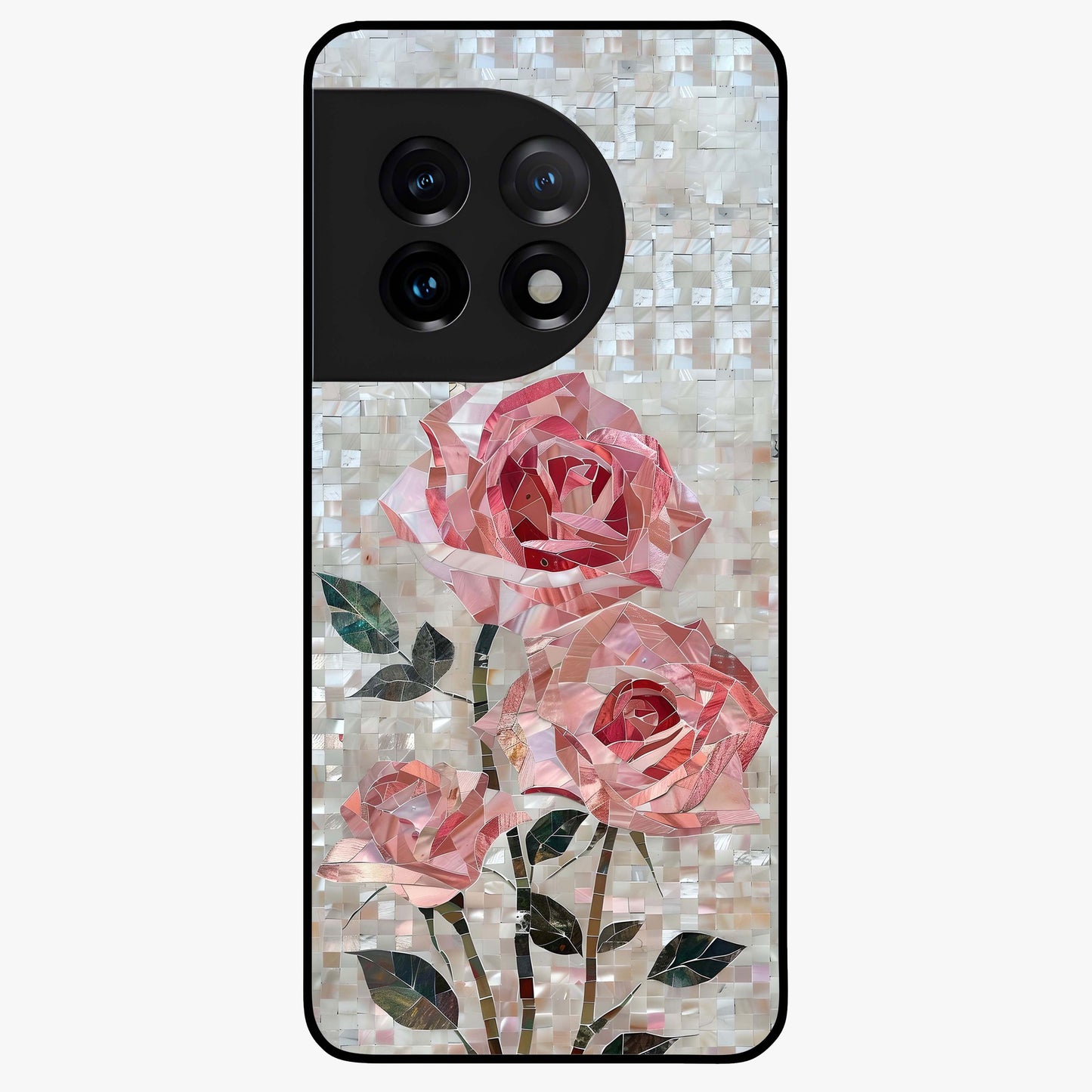Blush Luxe Bloom Glass Case for 1+11 luxurious front view featuring refined blush floral artwork